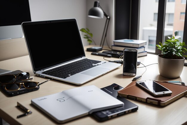Espace de travail photo avec ordinateur portable et téléphone intelligent
