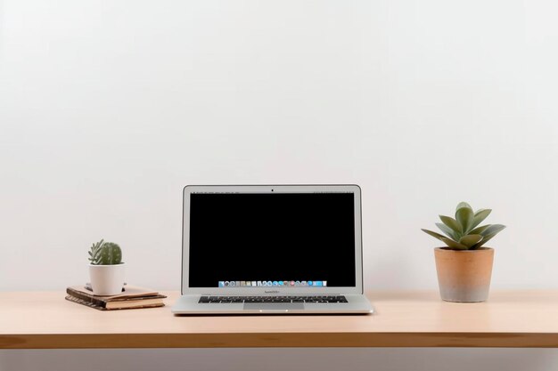 Espace de travail serein avec ordinateur portable et plantes succulentes sur un bureau minimaliste AI générative