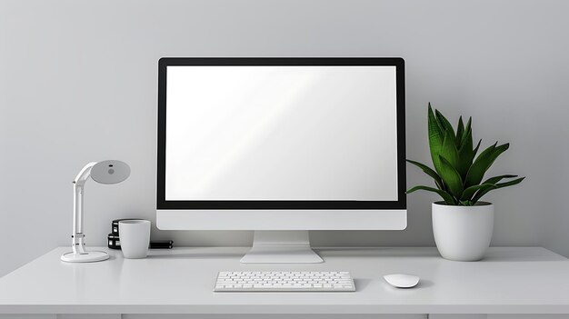 Photo un espace de travail simple et élégant avec un clavier d'ordinateur, une souris, une lampe, une tasse de café et une plante