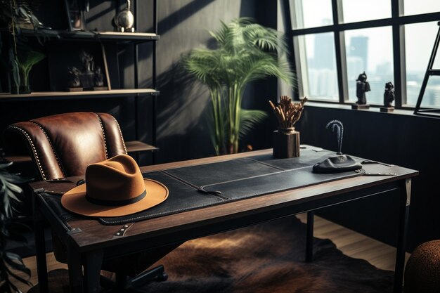 Photo espace de travail sur table en cuir noir d'un concepteur créatif ou d'un graphiste et espace de copie