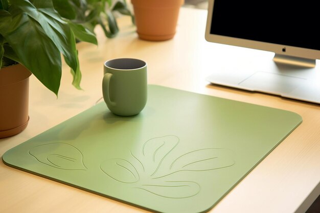 Un espace de travail à thème vert avec un tapis de souris à trèfle