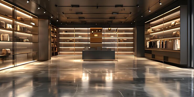 Photo espace de vente au détail vacant avec murs noirs et plancher en béton concept design d'espace de vente au petit commerce décor d'intérieur industriel minimaliste décor de mur noir finition de sol en béton rénovation