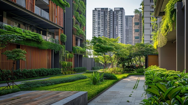 Espace vert urbain entre les bâtiments dans un complexe de condominiums durables