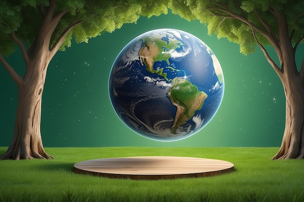 Espace vide sur un champ vert frais et un seul arbre dense placé pour votre produit texte ou logo Collection de la Terre