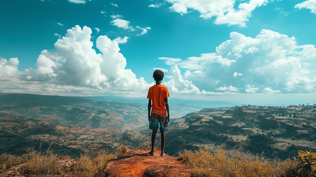 Un espace vide et le derrière d’un jeune africain au coucher du soleil au sommet d’une montagne. AI générative