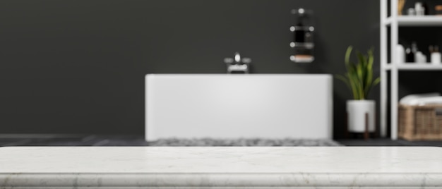 Espace vide sur le dessus de table de salle de bain en marbre sur le rendu 3d flou de la salle de bain moderne et contemporaine
