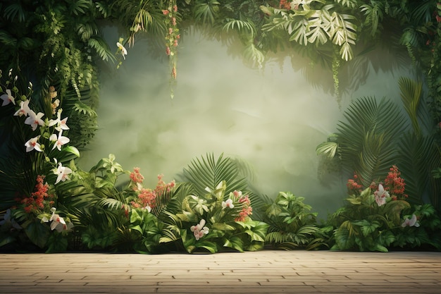 Un espace vide entouré sur le mur de beaux feuilles et de fleurs et d'un bel éclairage Frame de feuilles vertes Illustration IA générative