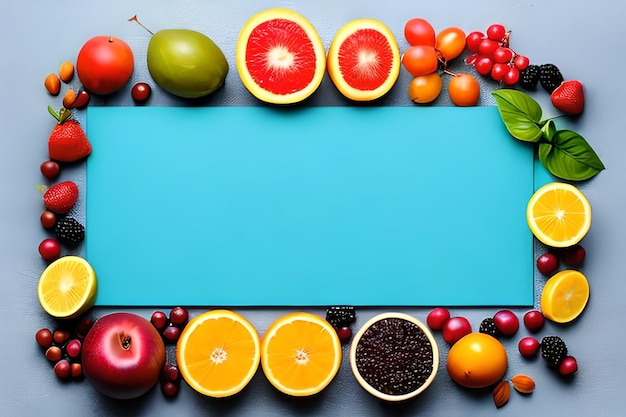 Espace vide pour le texte avec des fruits entourant un fond de couleur