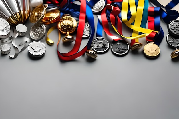 Photo espace vide pour le texte avec ruban de trophées et médailles entourant un fond de couleur