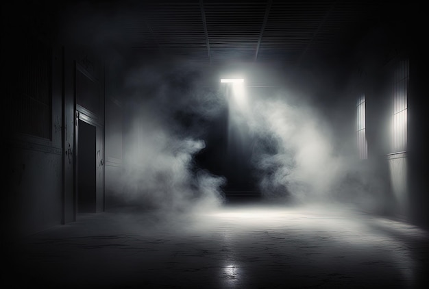 Espace vide sombre avec écrans internes de brouillard de fumée et de rayons de fumée sur les murs et le sol