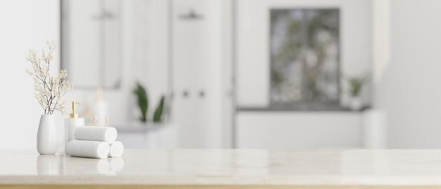 Espace vide sur une table blanche dans une salle de bain blanche de luxe