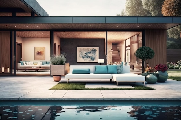 Espace de vie extérieur élégant avec piscine dans une maison moderne
