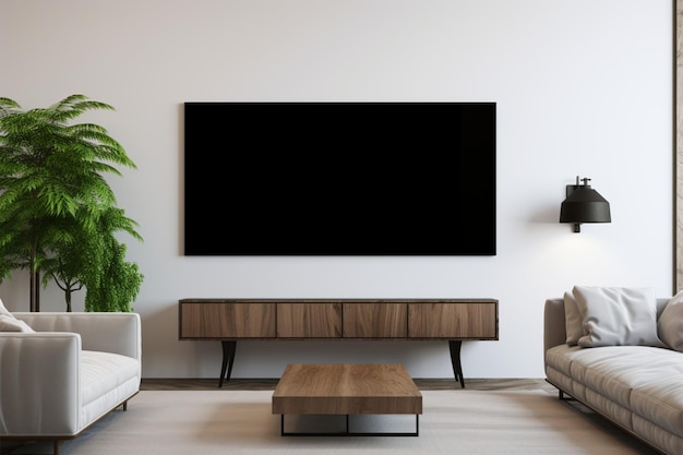 Espace de vie rendu 3D TV LED vierge sur le mur prêt à être conçu