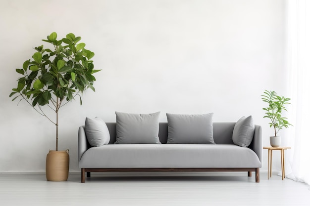 espace de vie avec une touche de nature Un canapé gris élégant accompagné d'une plante verte vibrante