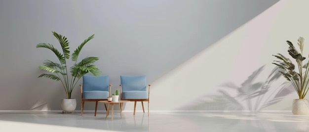 Un espace de vie tranquille avec un fond de mur de béton complété par des plantes tropicales luxuriantes et des chaises de velours bleu élégant émettant une atmosphère calmante et sophistiquée