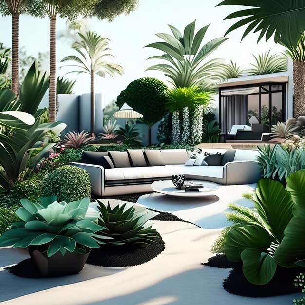 Espace zen de salon en plein air avec des plantes tropicales et des meubles modernes IA générative