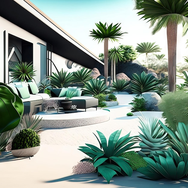 Espace zen de salon en plein air avec des plantes tropicales et des meubles modernes IA générative