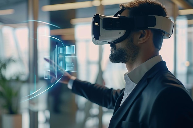 Espaces de travail futuristes Homme d'affaires utilisant un casque VR Technologie VR