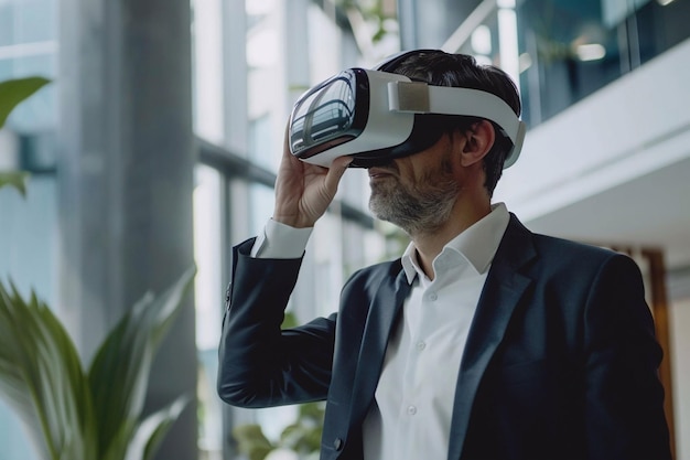 Espaces de travail futuristes Homme d'affaires utilisant un casque VR Technologie VR