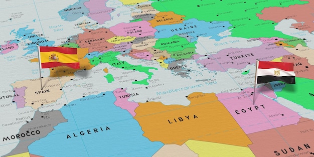L'Espagne et l'Égypte épinglent des drapeaux sur la carte politique illustration 3D