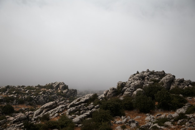 Espagne, Malaga, Antequera, Torcal de Antequera: paysage de roches avec fond brumeux