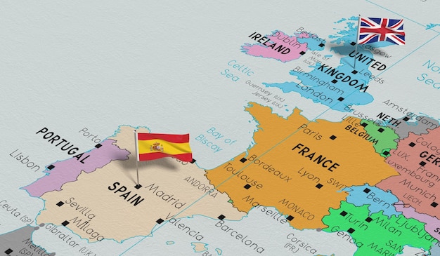 Photo l'espagne et le royaume-uni épinglent des drapeaux sur la carte politique illustration 3d