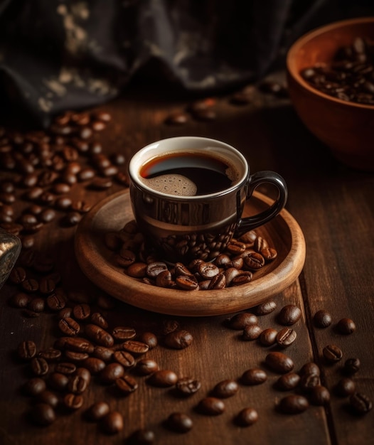 Espresso chaud avec des graines de café marron sur le bureau en bois marron