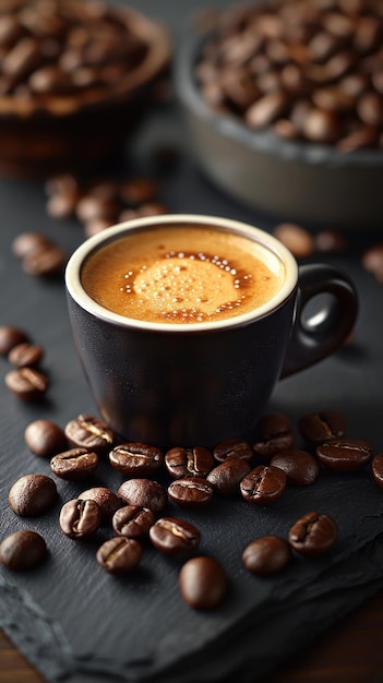 Un espresso doré au milieu d'une mer de beans de café riches
