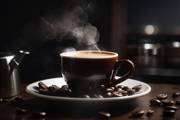 Espresso sur fond sombre, la vapeur s'élève au-dessus du café pour le petit-déjeuner dans un café italien, prise de vue verticale, mise au point sélective