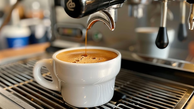 Photo l'espresso fraîchement préparé dans une tasse blanche a un arôme riche et une saveur douce qui plairont à coup sûr.