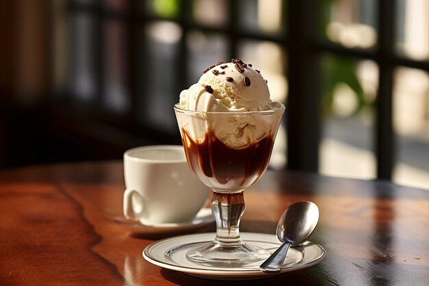 Photo espresso servi avec un tourbillon de sirop de caramel