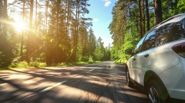 Esprit aventureux au volant d'une voiture électrique sur une route pittoresque au milieu de la fraîcheur de l'été