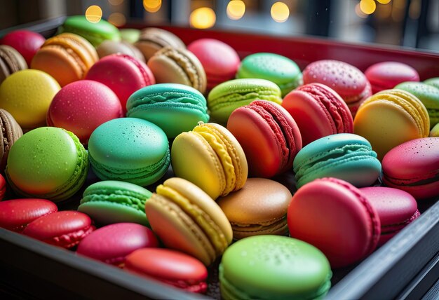 l'esprit festif avec des prises de vue rapprochées de macarons de Noël exposés dans une fenêtre de pâtisserie