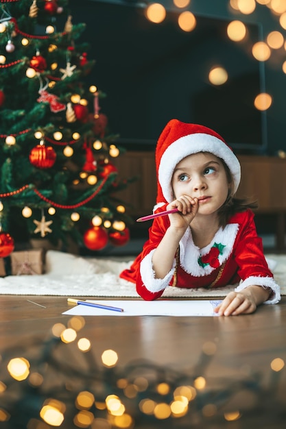 Avec l'esprit des fêtes dans l'air, une petite fille se concentre sur sa liste de souhaits pour le Père Noël et un arbre du Nouvel An en arrière-plan