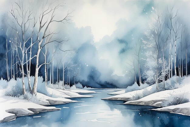 Photo l'esprit de l'hiver à l'aquarelle dans le bleu arctique blanc neigeux aux tons argentés scintillants