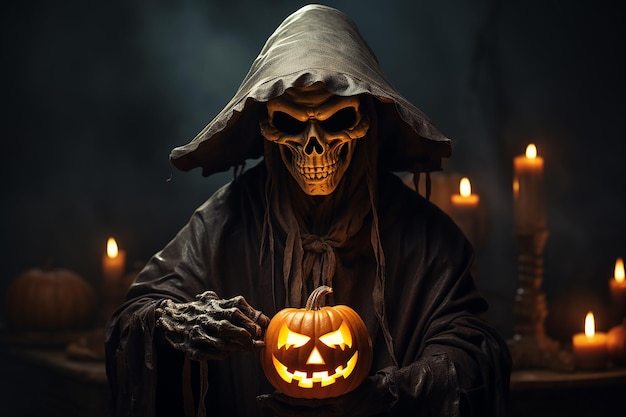 Esquelet effrayant Esprit d'Halloween avec chapeau de sorcière et lampe à citrouille