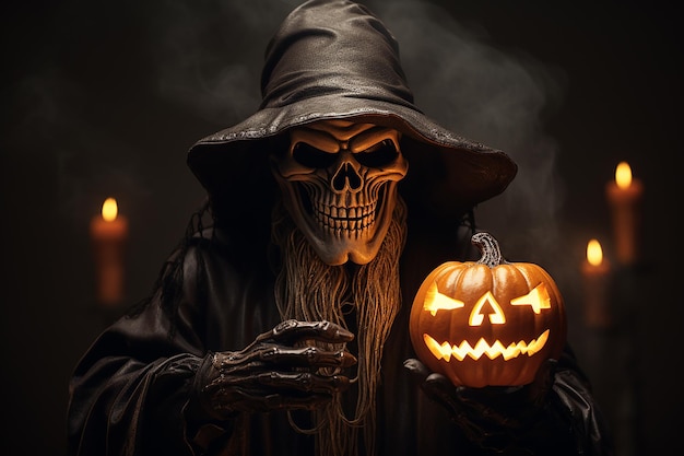 Esquelet effrayant Esprit d'Halloween avec chapeau de sorcière et lampe à citrouille