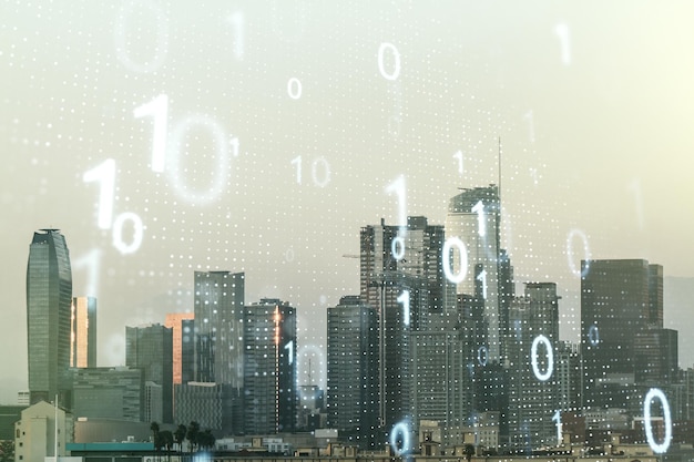 Esquisse abstraite de code binaire virtuel sur le piratage d'arrière-plan des immeubles de bureaux de Los Angeles et le concept de matrice