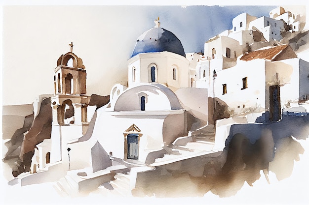 une esquisse à l'aquarelle des églises de St.Anastasi et St. Spirydon , Santorin