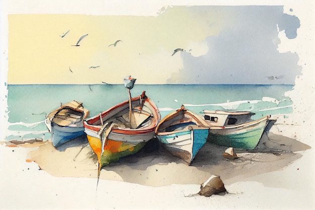 une esquisse à l'aquarelle d'un groupe de bateaux sur la plage