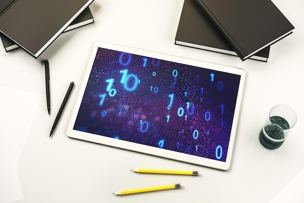 Esquisse de code binaire abstrait créatif sur le piratage d'écran de tablette numérique moderne et le concept de matrice vue supérieure rendu 3D