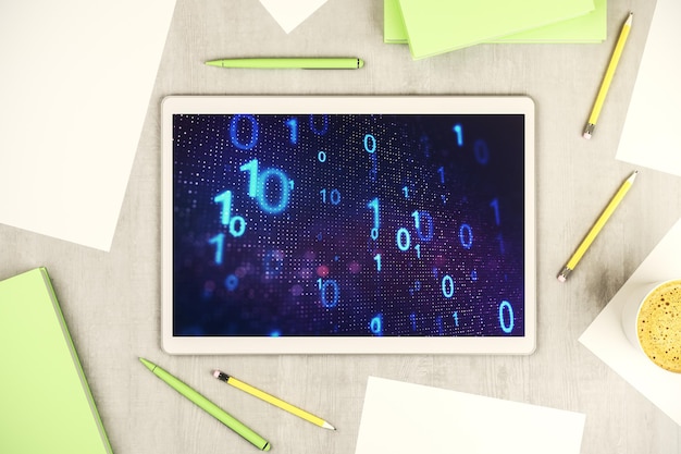 Esquisse de code binaire abstrait créatif sur le piratage d'écran de tablette numérique moderne et le concept de matrice vue supérieure rendu 3D