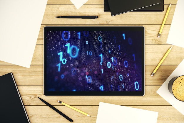 Esquisse de code binaire abstrait créatif sur le piratage d'écran de tablette numérique moderne et le concept de matrice vue supérieure rendu 3D