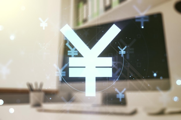 Esquisse créative du symbole du yen japonais et bureau moderne avec ordinateur sur fond stratégie et concept de prévision Multiexposition