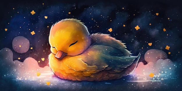 Un esquive mignon et adorable dort sous le ciel nocturne entre un oreiller étoilé