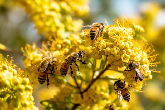 Un essaim d'abeilles pollinisant des fleurs représentant l'importance de ces insectes dans l'écosystème