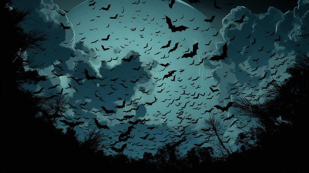 un essaim de chauves-souris volant devant un arrière-plan d'Halloween de pleine lune généré par Ai