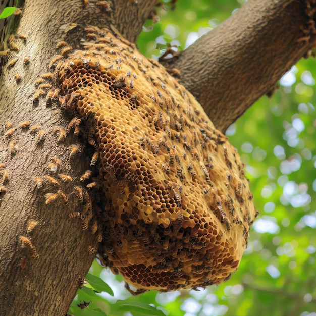Un essaim de ruches d'abeilles en gros plan sur un arbre