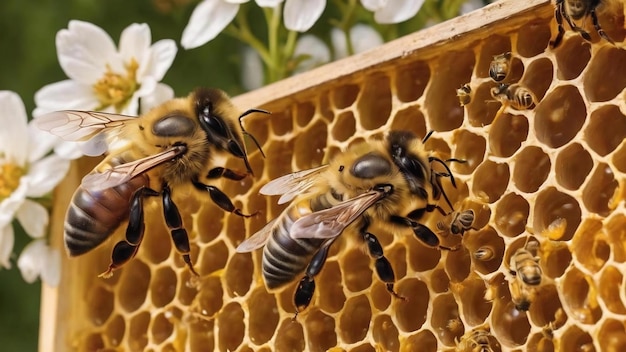 L'essence de l'apiculture Les reines d'abeilles ornent les cellules du nid d'abeille