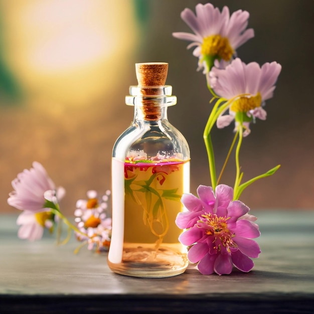 Photo l'essence des fleurs sur la table dans une belle bouteille de verre